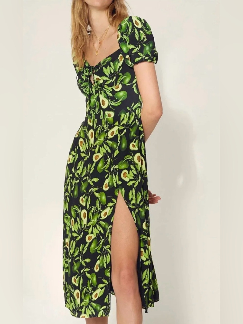 Aritzia Wilfred Avocado floral Midi Dress Print high slit puff sleeve feminine